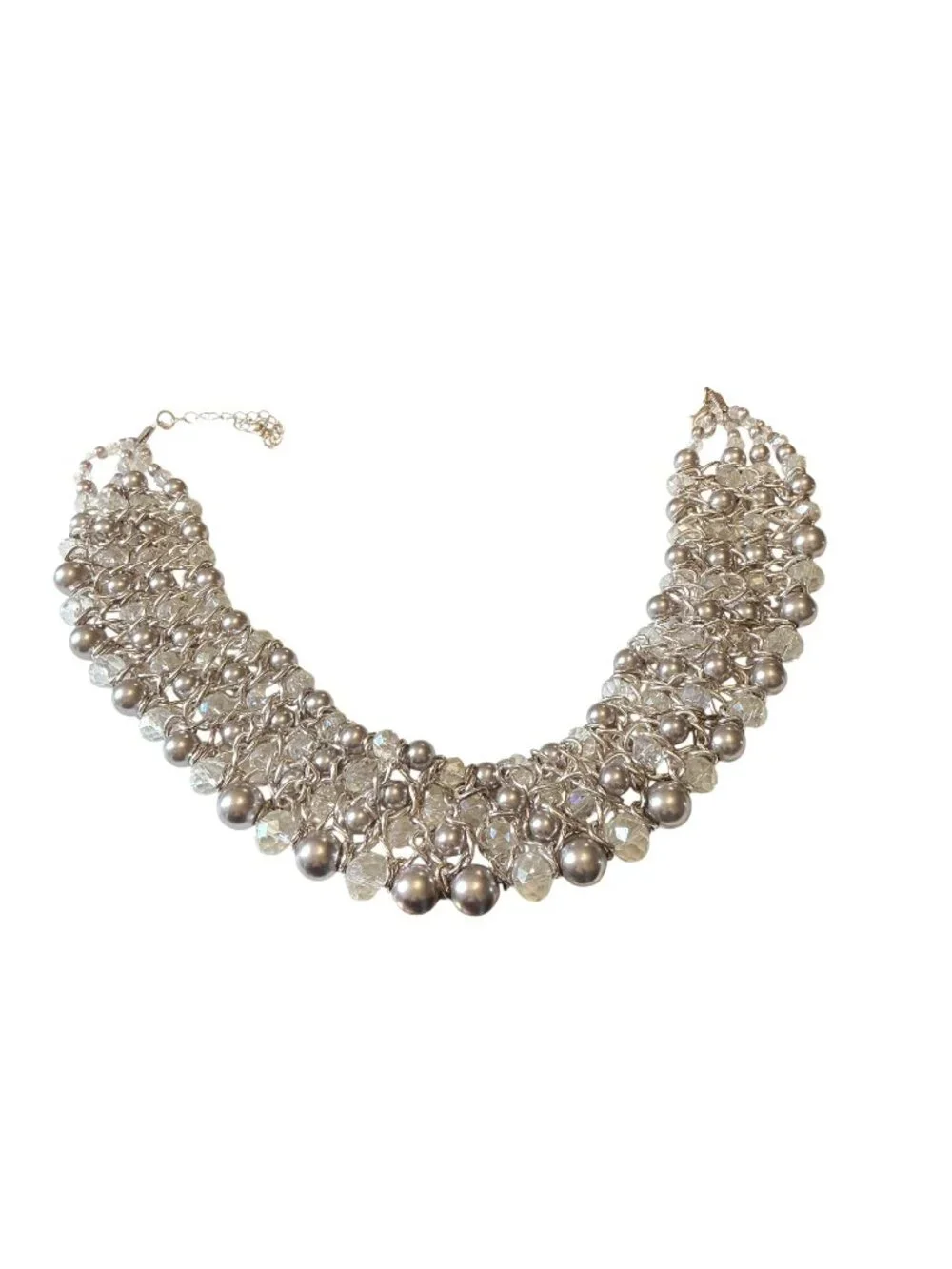 Chain Mail Bib Collar Necklace With Beads Silver-Tone Statement Jewelry